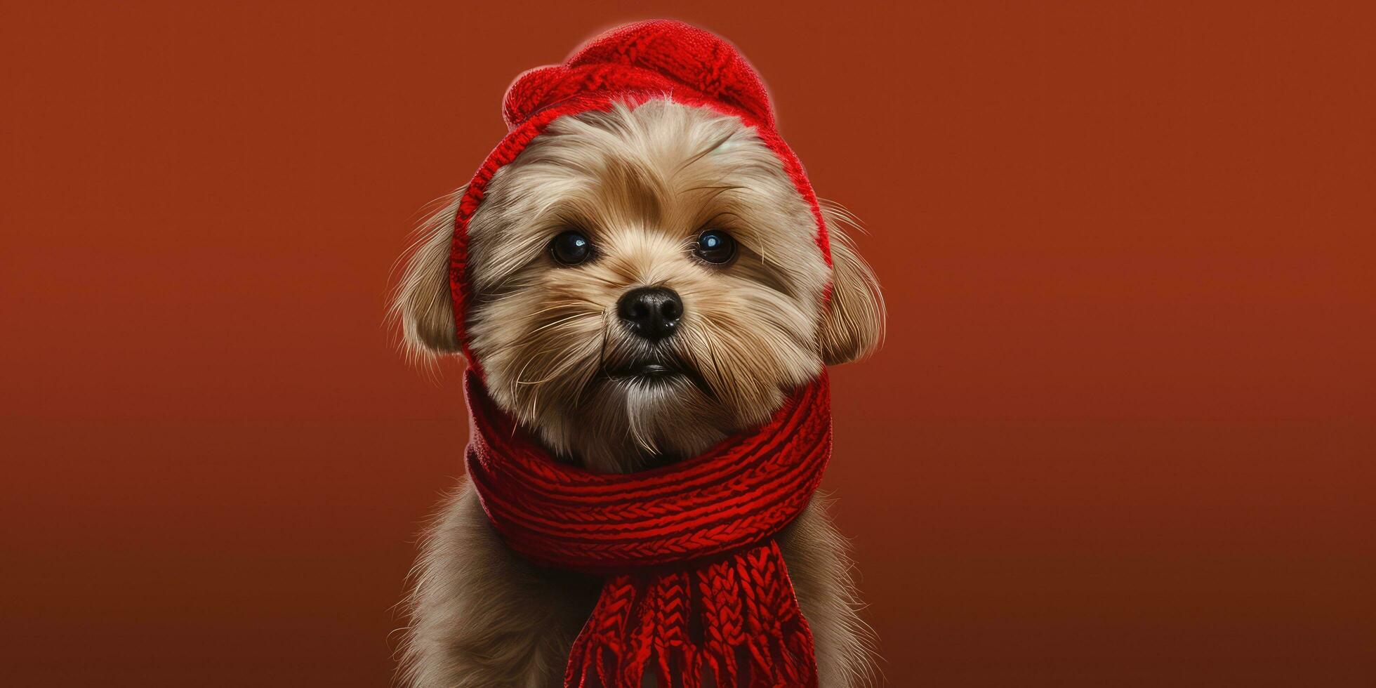 Cute dog with a Santa's Hat on a Red Background with Space for Copyspace ,Generative AI. photo