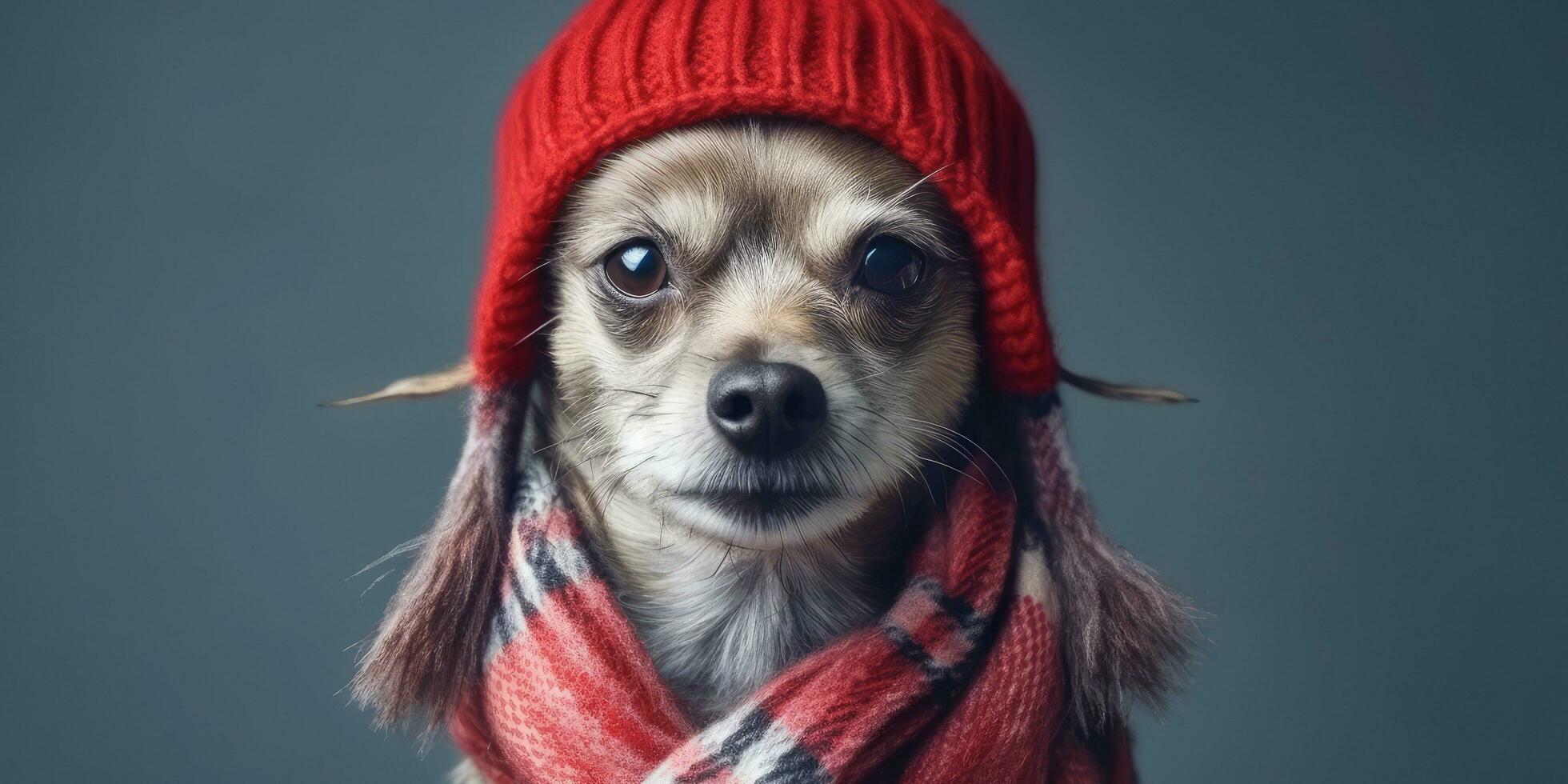 Cute Dog Dressed in a Red Scarf and Hat with Space for , copy space , ,Generative AI. photo