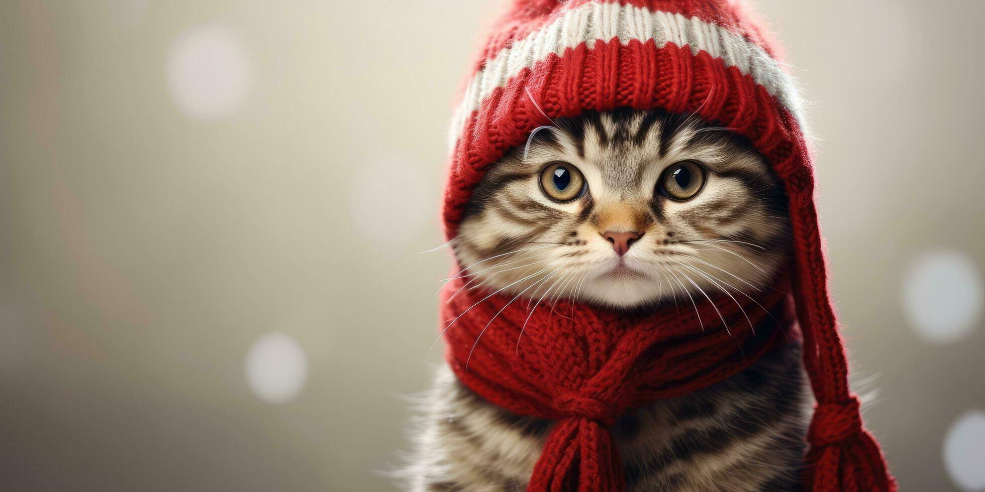 Cute Cat with a Santa's Hat in the snow Background with Space for Copyspace,Generative AI. photo