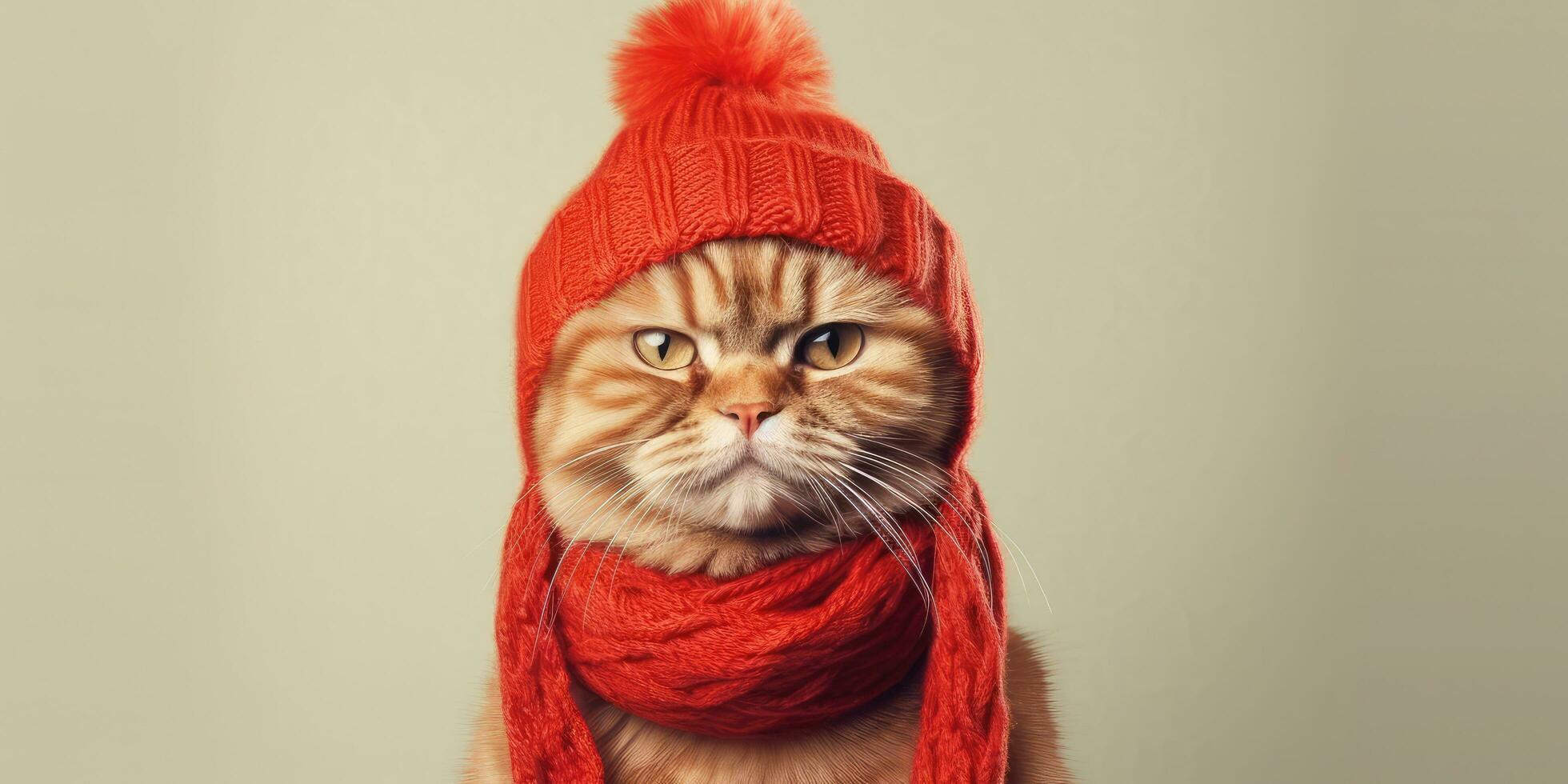 Cute Cat Dressed in a Red Scarf and Hat with Space for , copy space ,Generative AI. photo