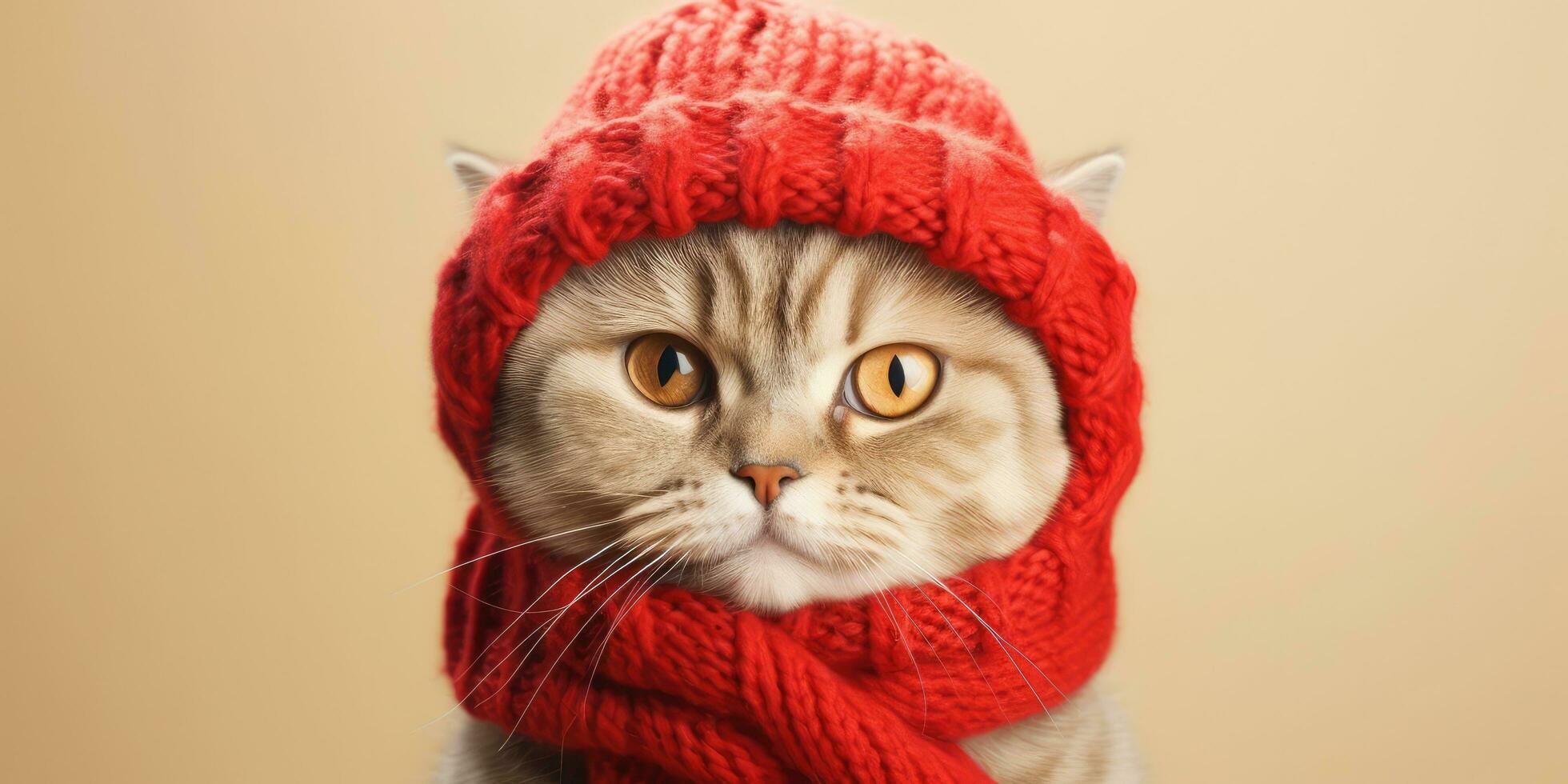 Cute Cat Dressed in a Red Scarf and Hat with Space for , copy space ,Generative AI. photo