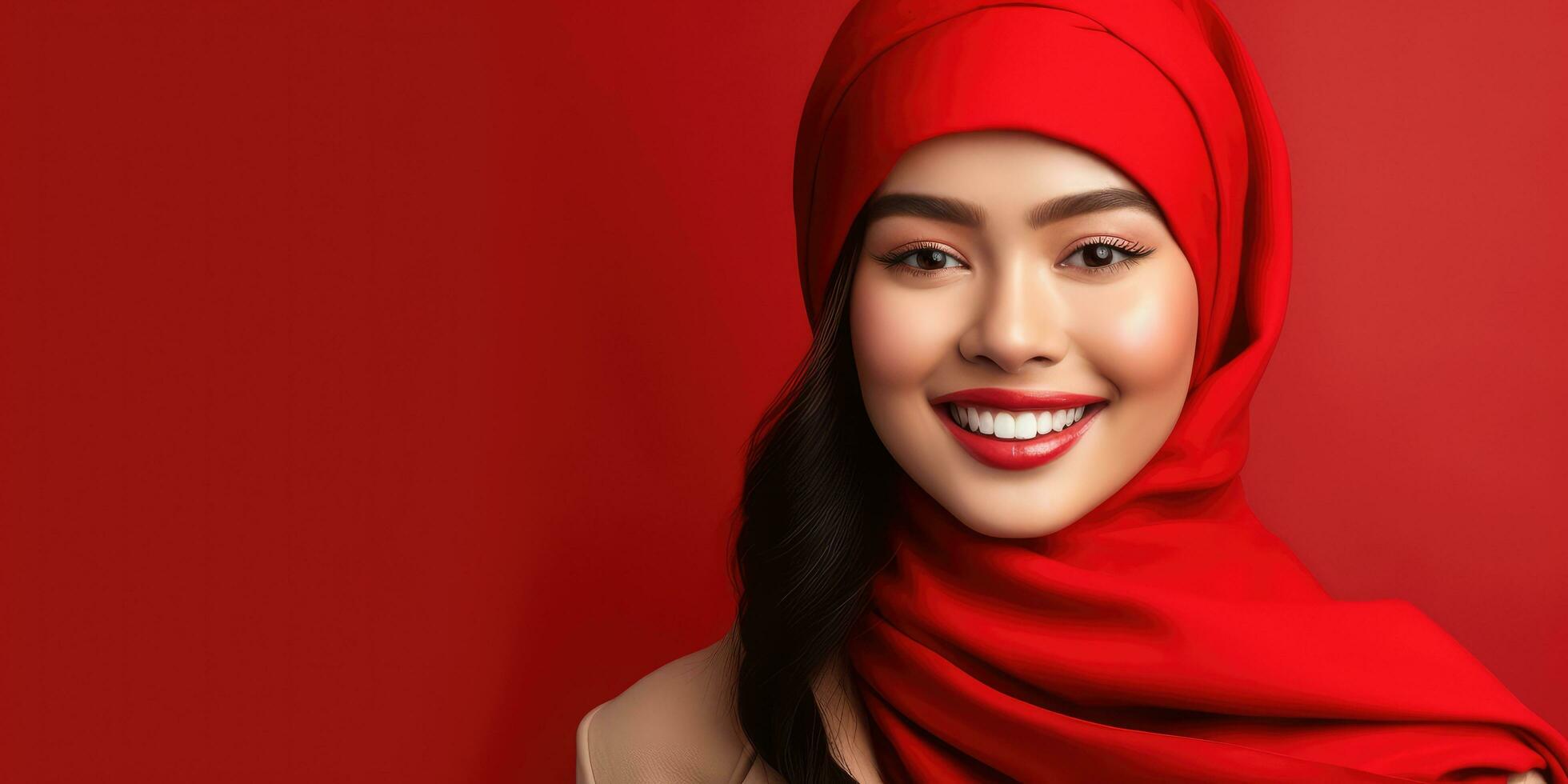 Happy Young Asian Woman in Red Background with Space for Copyspace ,Generative AI. photo