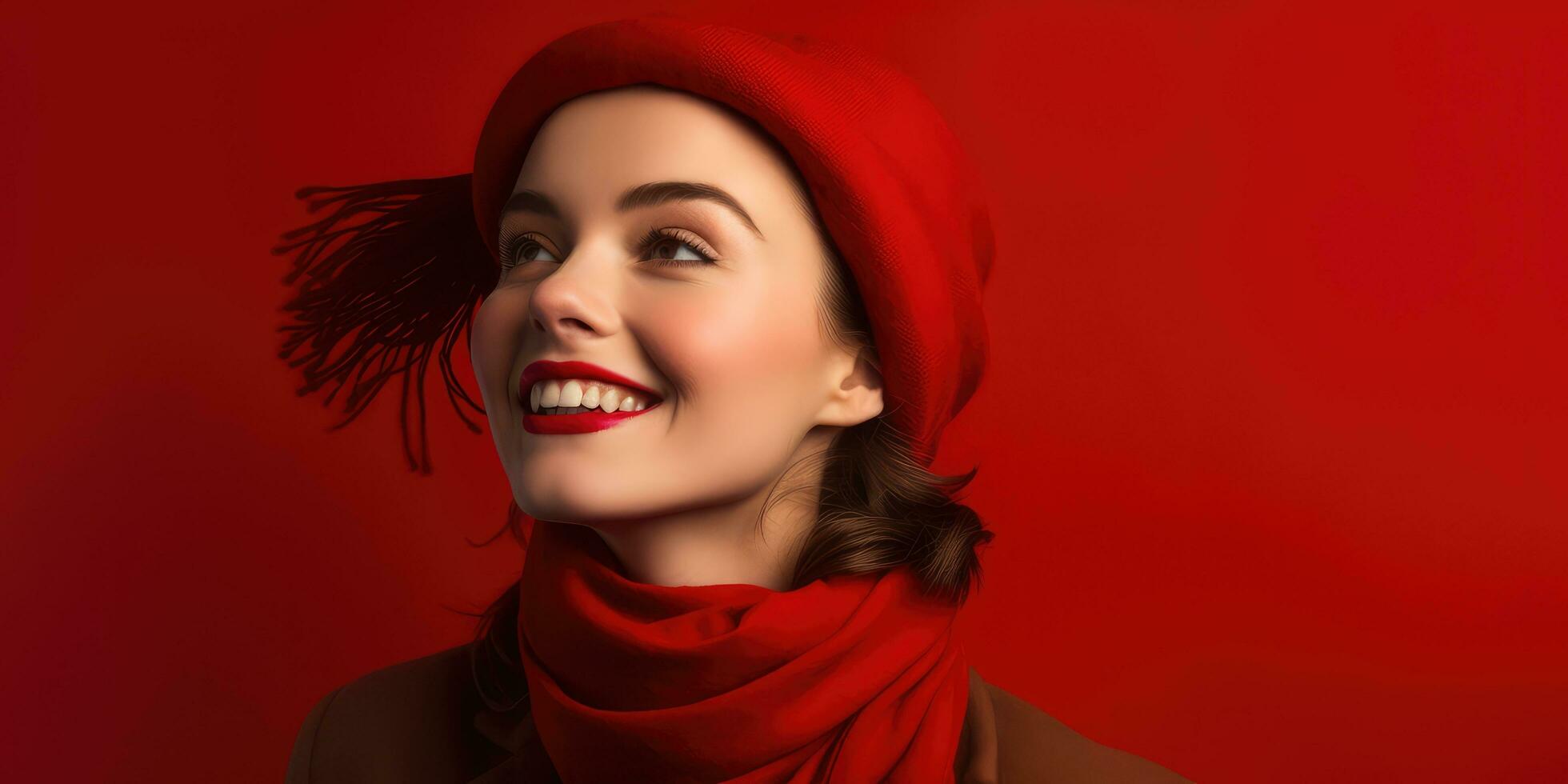 Happy Young Woman in Red Background with Space for Copyspace ,Generative AI. photo