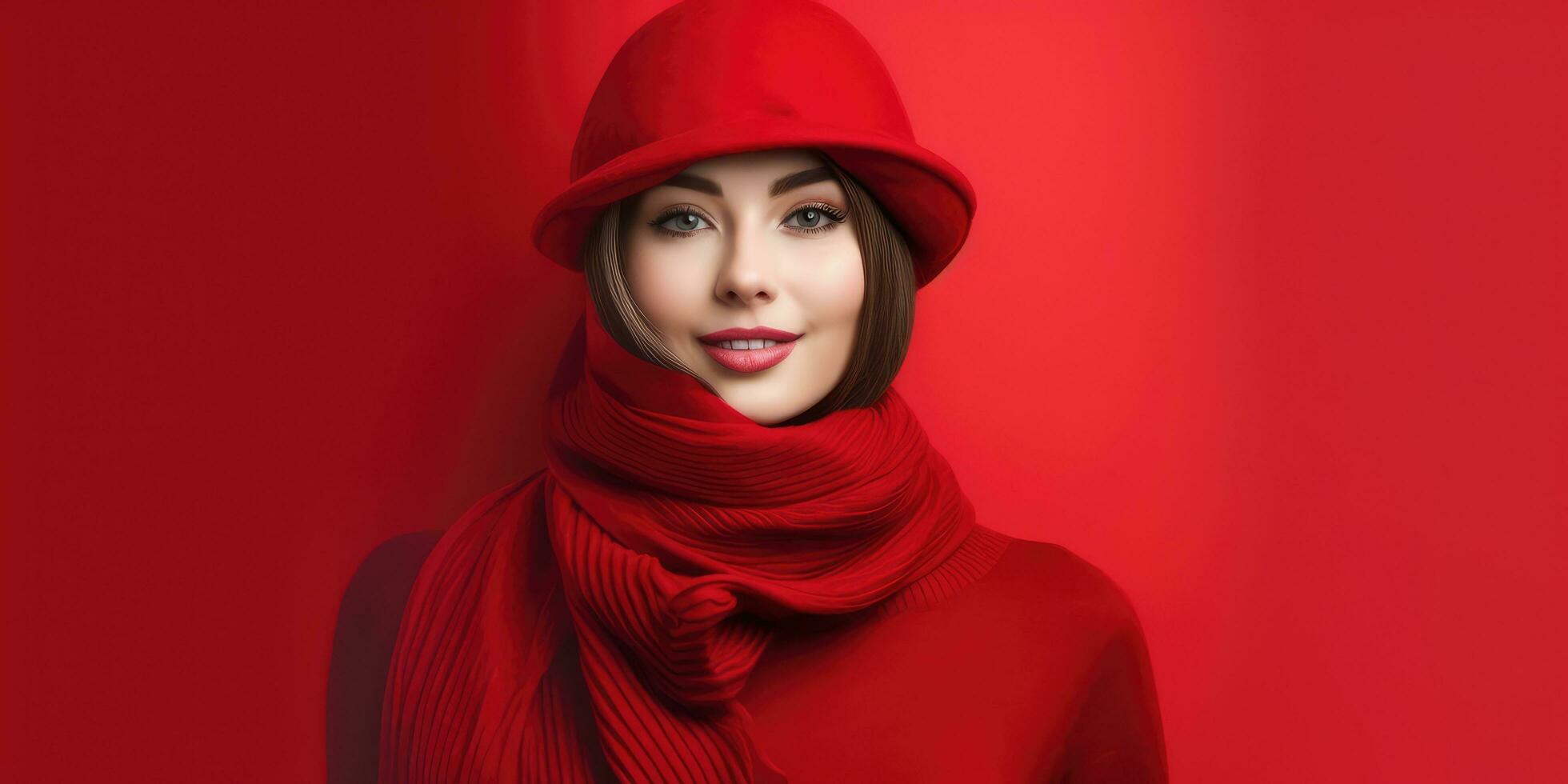 Happy Young Woman in Red Background with Space for Copyspace ,Generative AI. photo