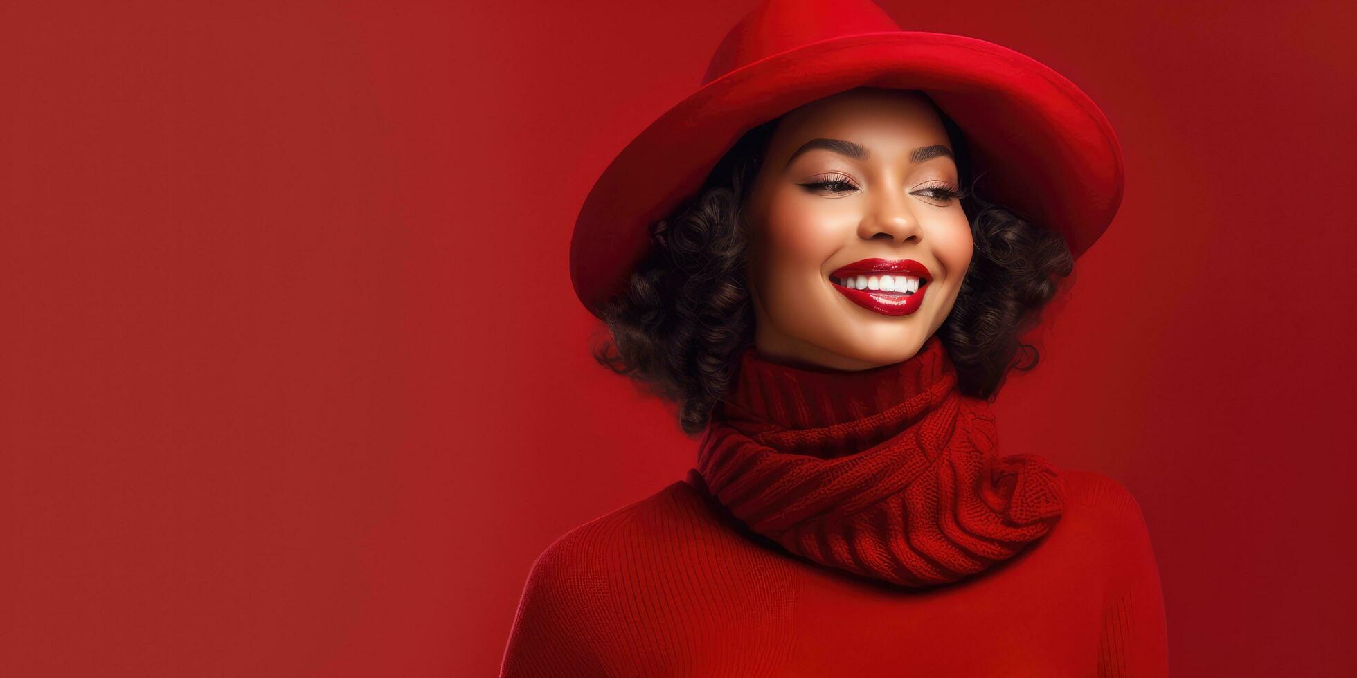 Happy Young Woman in Red Background with Space for Copyspace ,Generative AI. photo