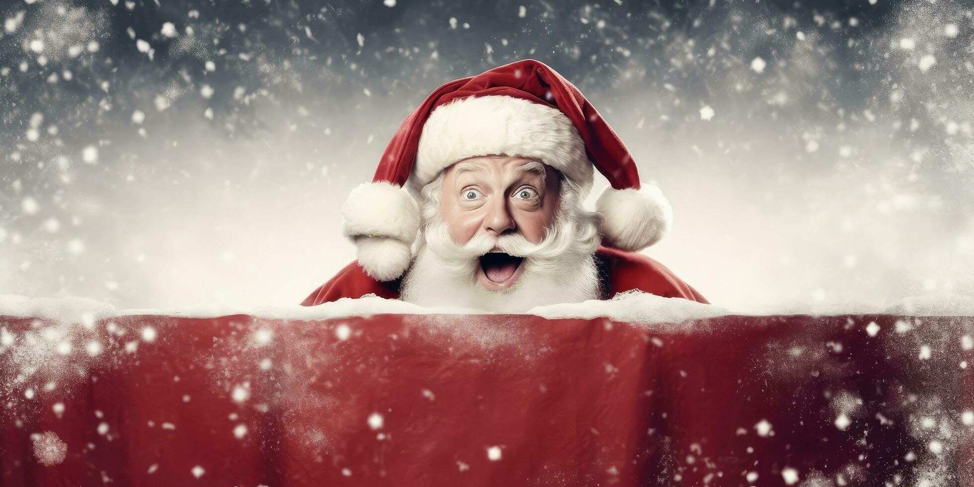 Shocked Santa Claus on a Red Banner in the snow with Space for Copyspace ,Generative AI. photo