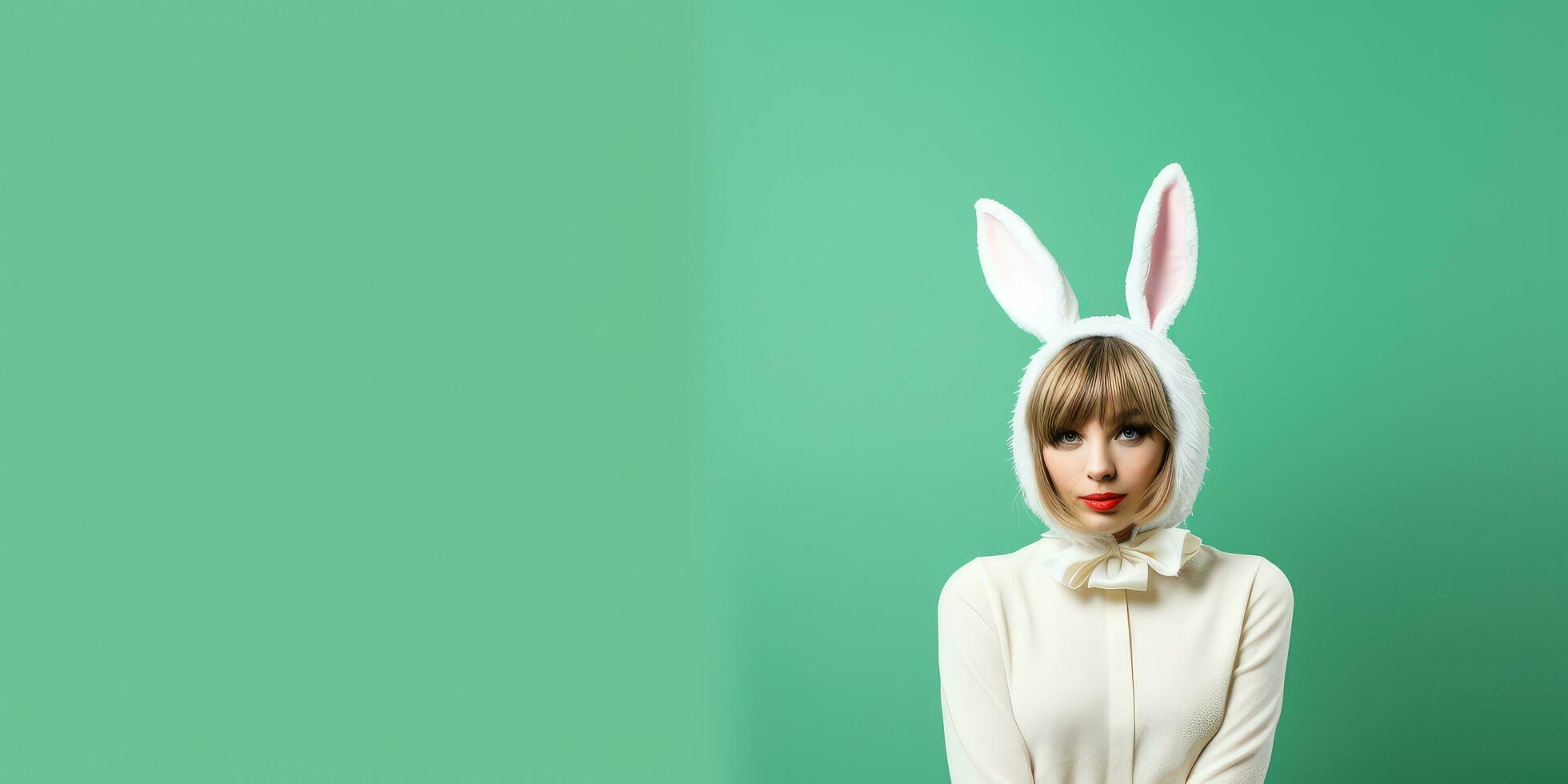 Beautiful Young Woman in a Bunny Costume on a Green Background with Space for Copyspace ,Generative AI. photo