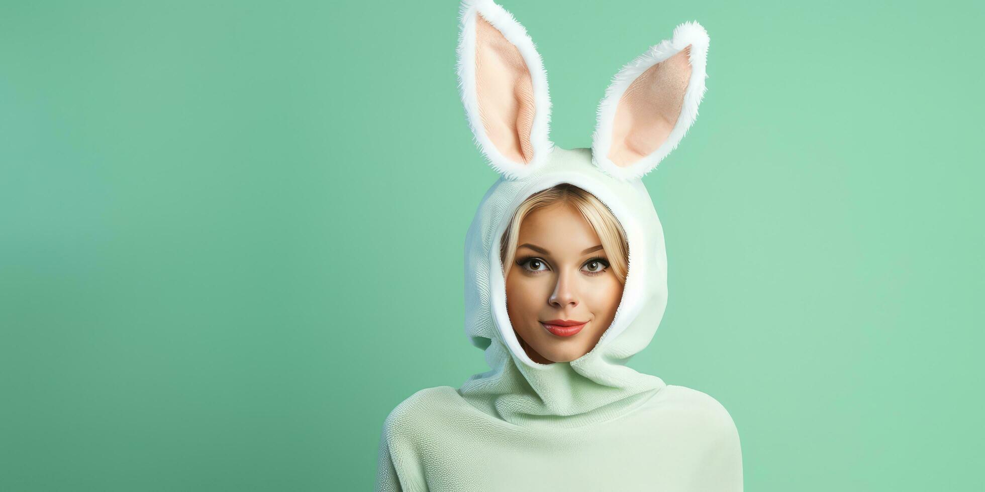Beautiful Young Woman in a Bunny Costume on a Green Background with Space for Copyspace ,Generative AI. photo