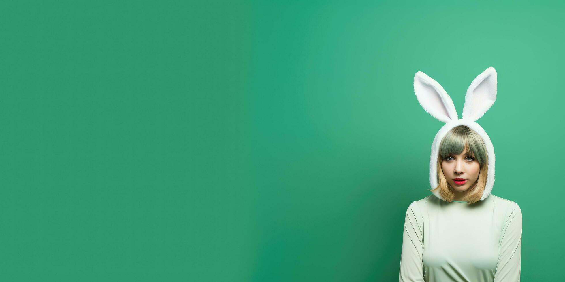 Beautiful Young Woman in a Bunny Costume on a Green Background with Space for Copyspace ,Generative AI. photo