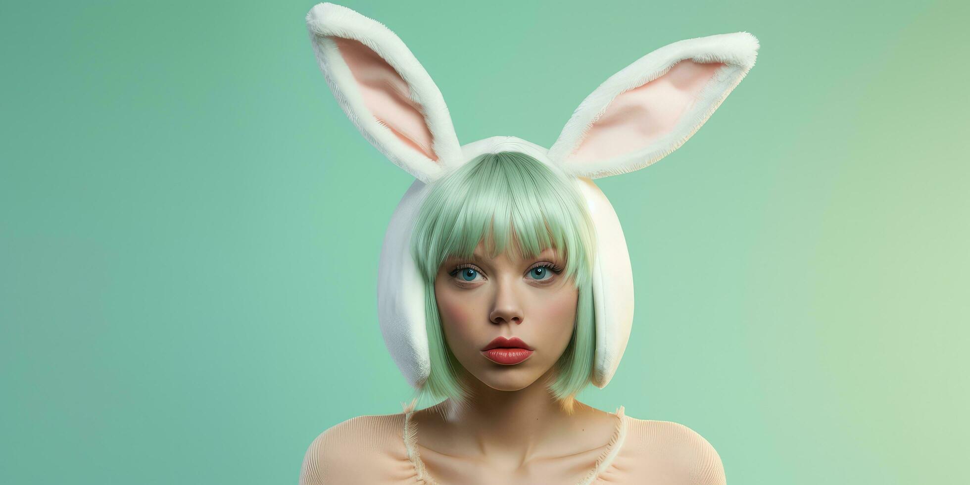 Beautiful Young Woman in a Bunny Costume on a Green Background with Space for Copyspace ,Generative AI. photo