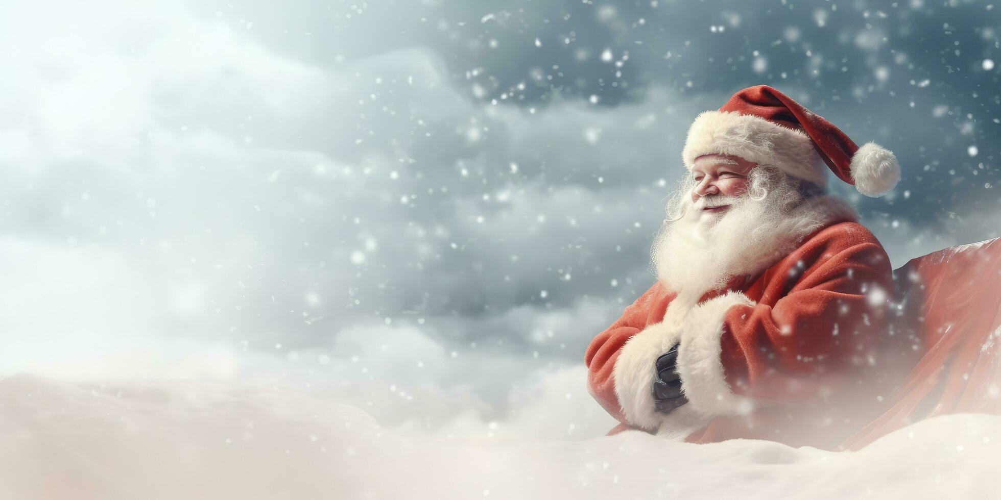Happy Santa Claus on a Red Banner , in the snow with Space for Copyspace ,Generative AI. photo