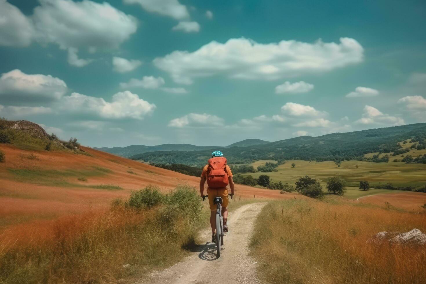 Cyclist with a red backpack on a background of blue sky.,Generative AI photo