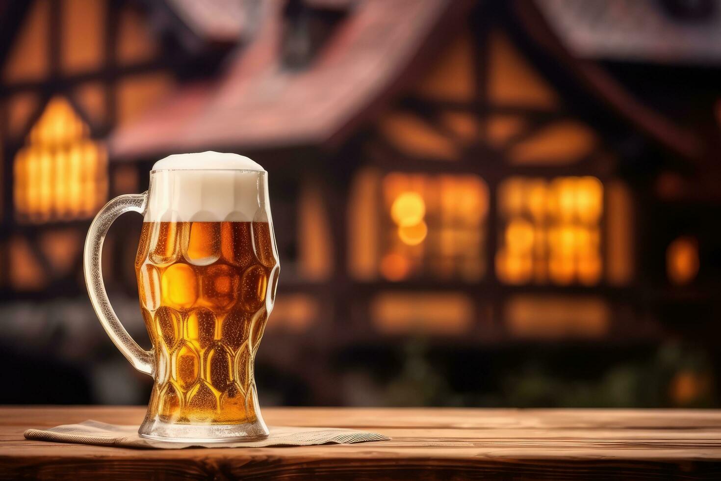 Glass of beer on a wooden table against the backdrop of half-timbered houses ,Copy space ,Generative AI photo