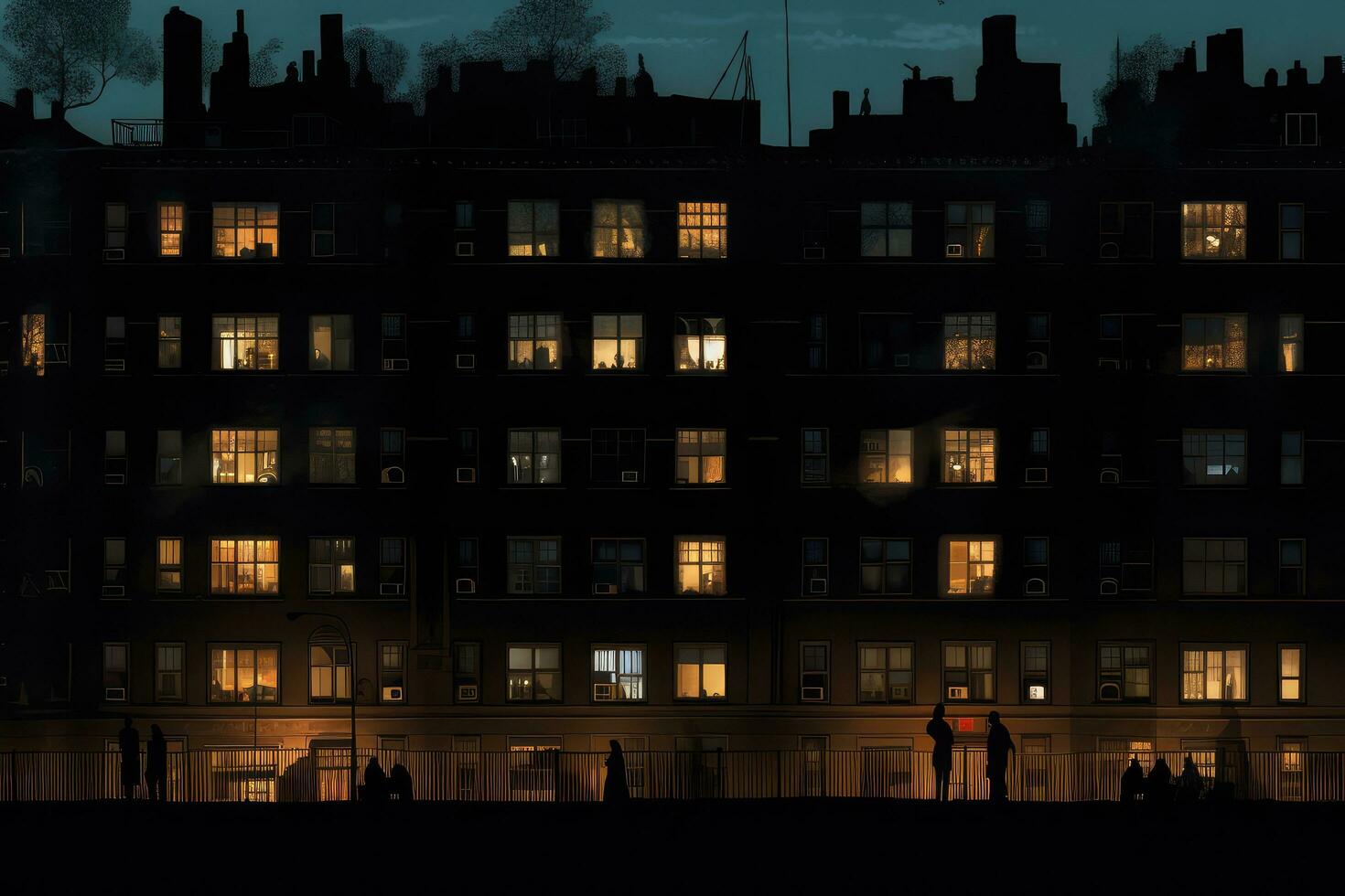 Apartments with silhouettes of people in the windows at night. ,Generative AI photo