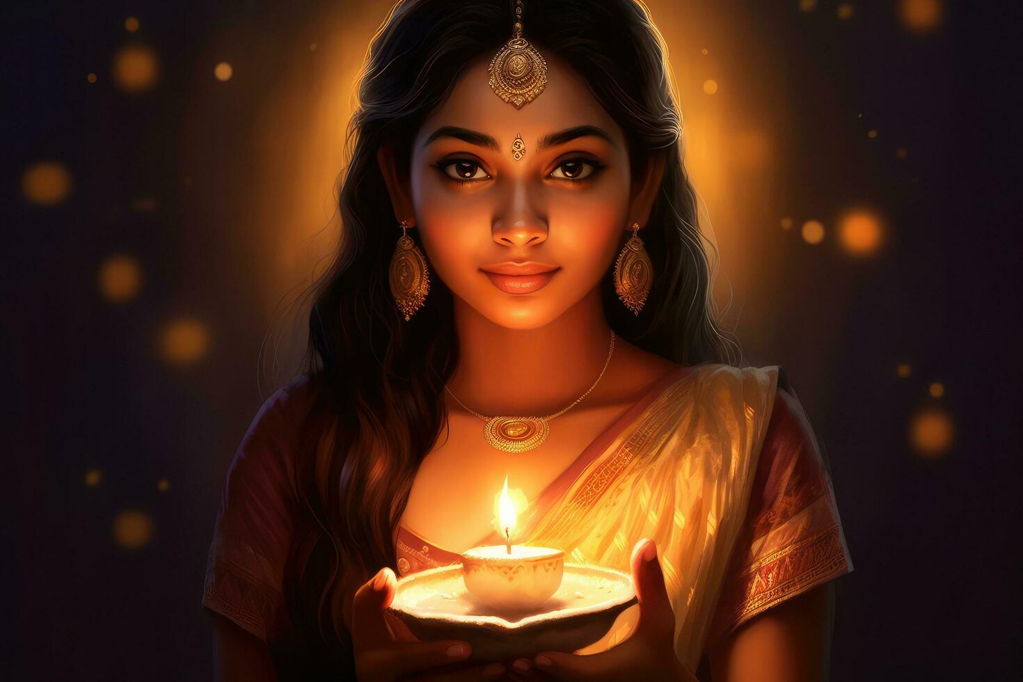 Beautiful indian girl, holding diwali candle, Hindu festival of light. Generative AI photo