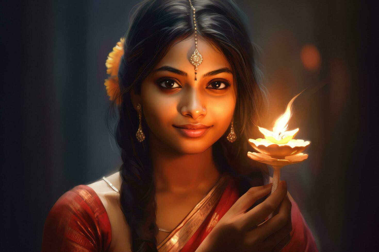 Beautiful indian girl, holding diwali candle, Hindu festival of light. Generative AI photo