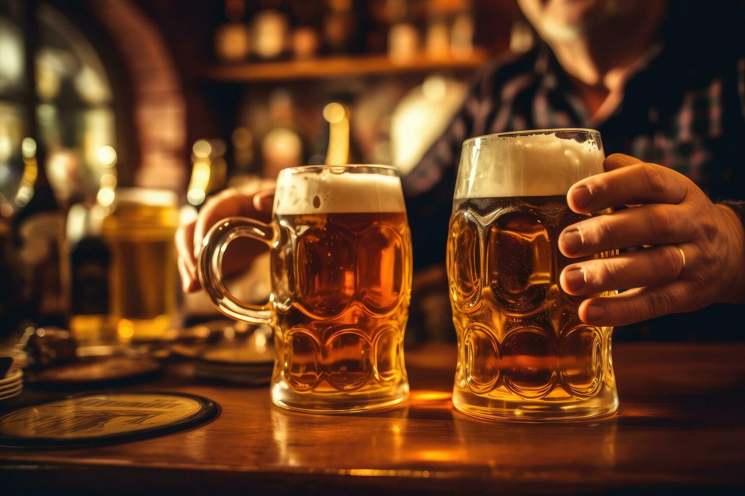 cerca arriba mano hombre Bebiendo cerveza y teniendo divertido, oktoberfest, Munich ,generativo ai foto