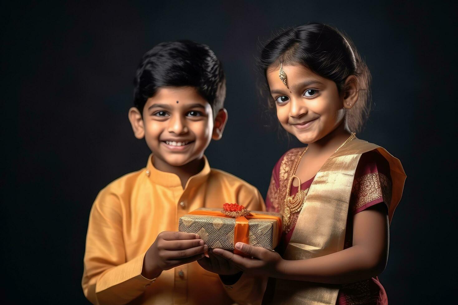 Asia boy indian brother and sister exchanging gift box during raksha bandhan festival, Generative AI photo