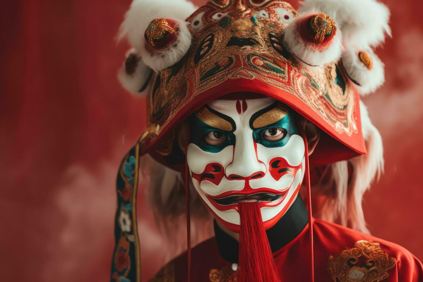Asia man at festival wearing traditional Chinese masked costume, in Chinese new year festival , copy space ,Generative AI photo