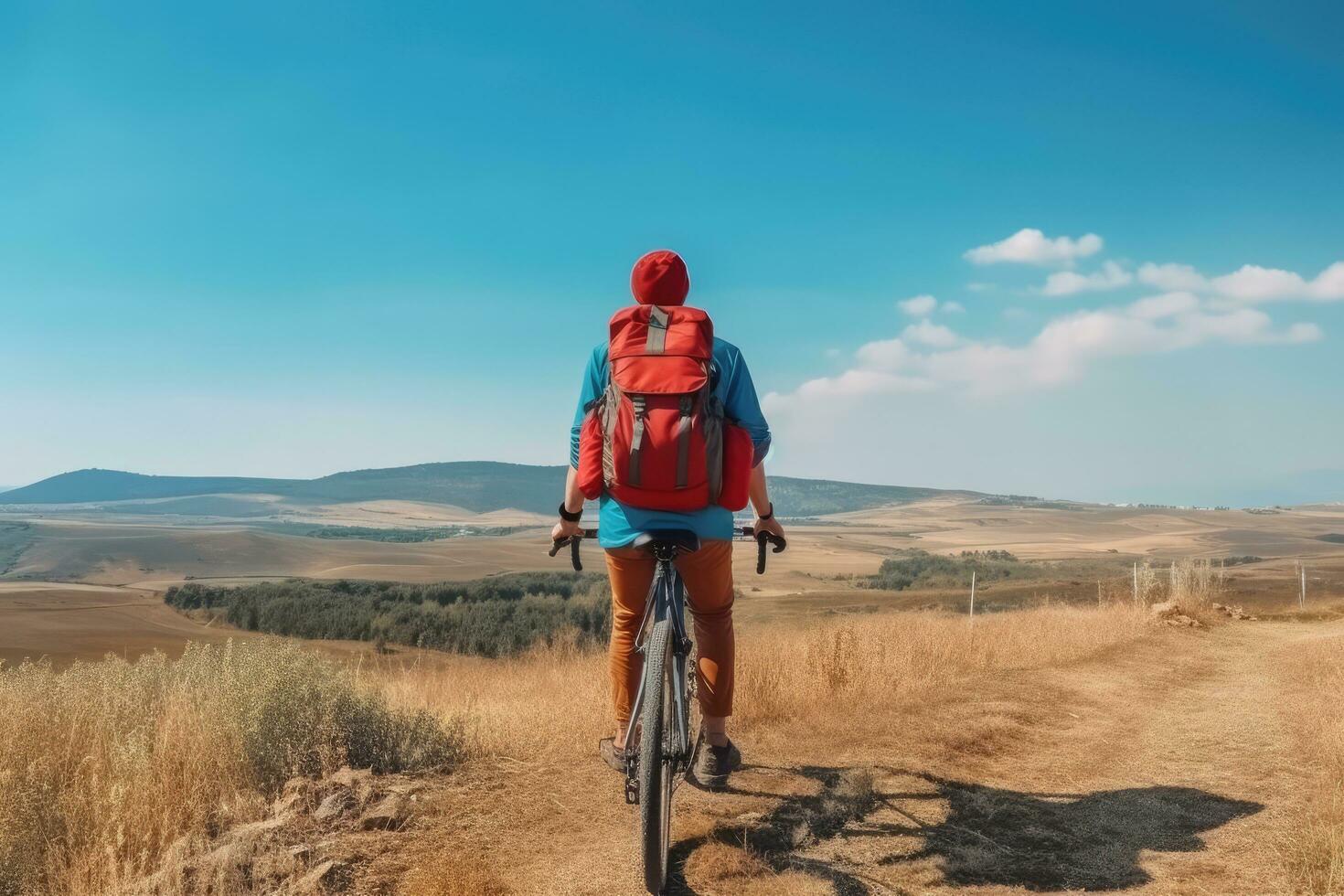 Cyclist with a red backpack on a background of blue sky.,Generative AI photo