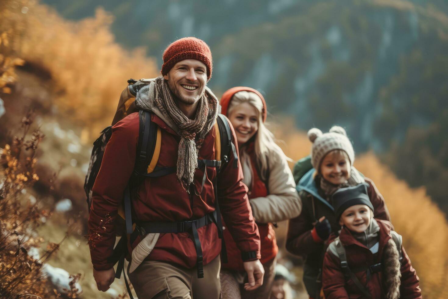 Family hiking in the mountains it autumn,Generative AI photo