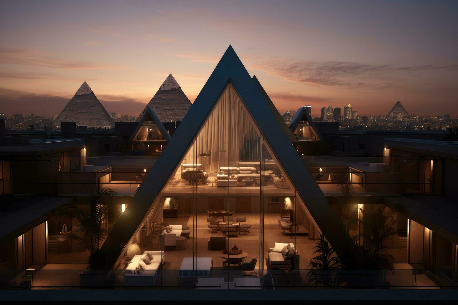 Modern architecture penthouse by pyramids at sunset ,Generative AI photo