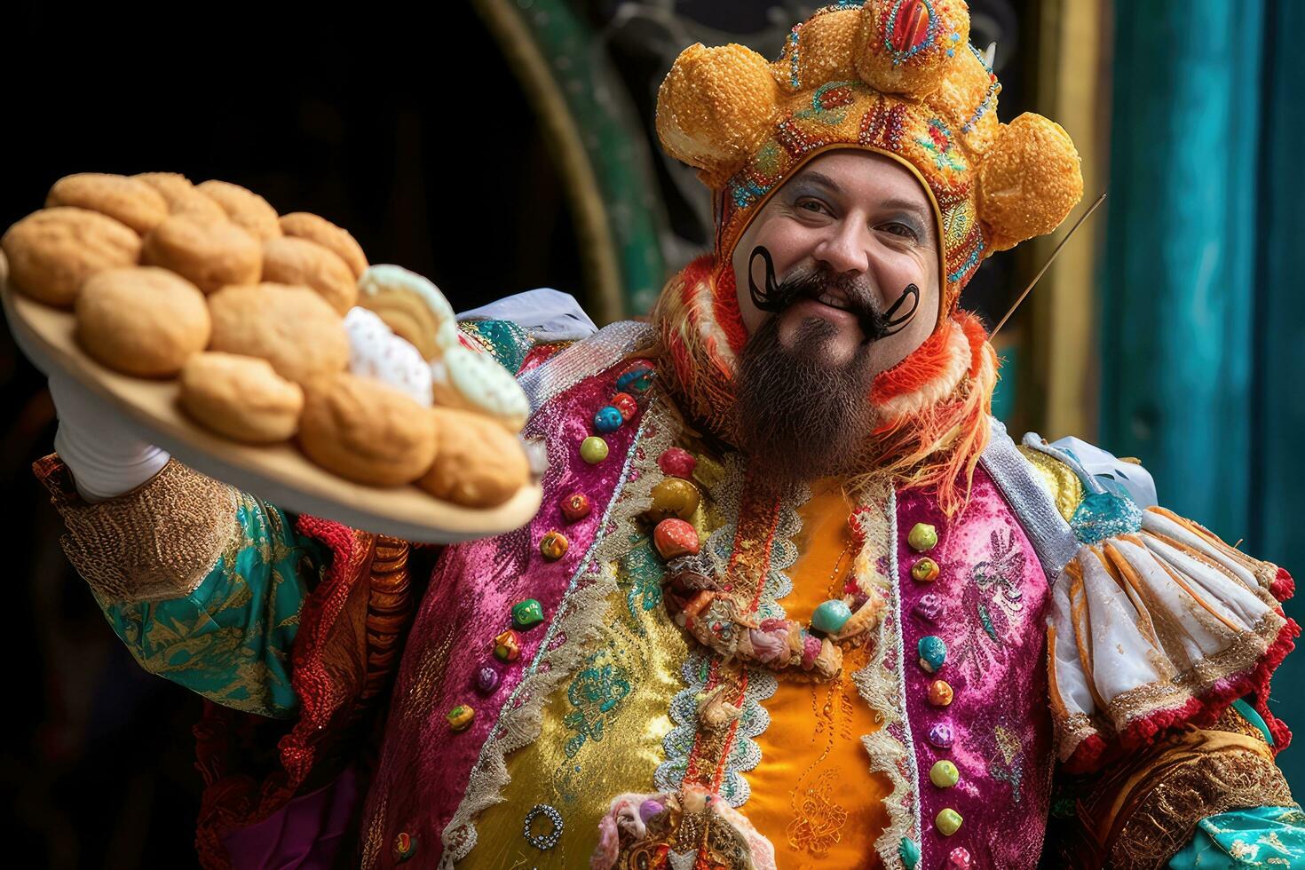 Colorful costumed man with king cakes , New Orlean Mardi Gras, Generative AI photo