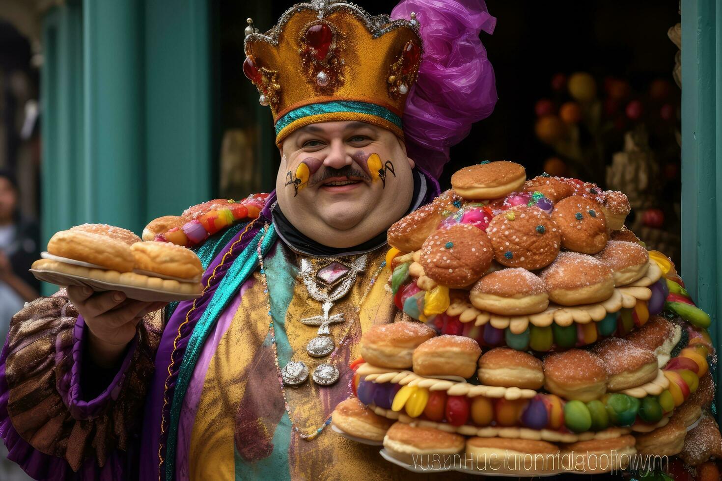 Colorful costumed man with king cakes , New Orlean Mardi Gras, Generative AI photo