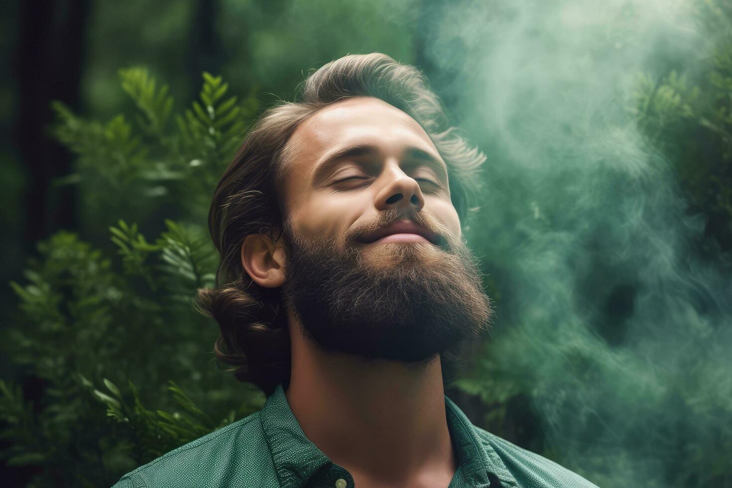 un hombre relajado respiración Fresco aire en un verde bosque a natural ,generativo ai. foto