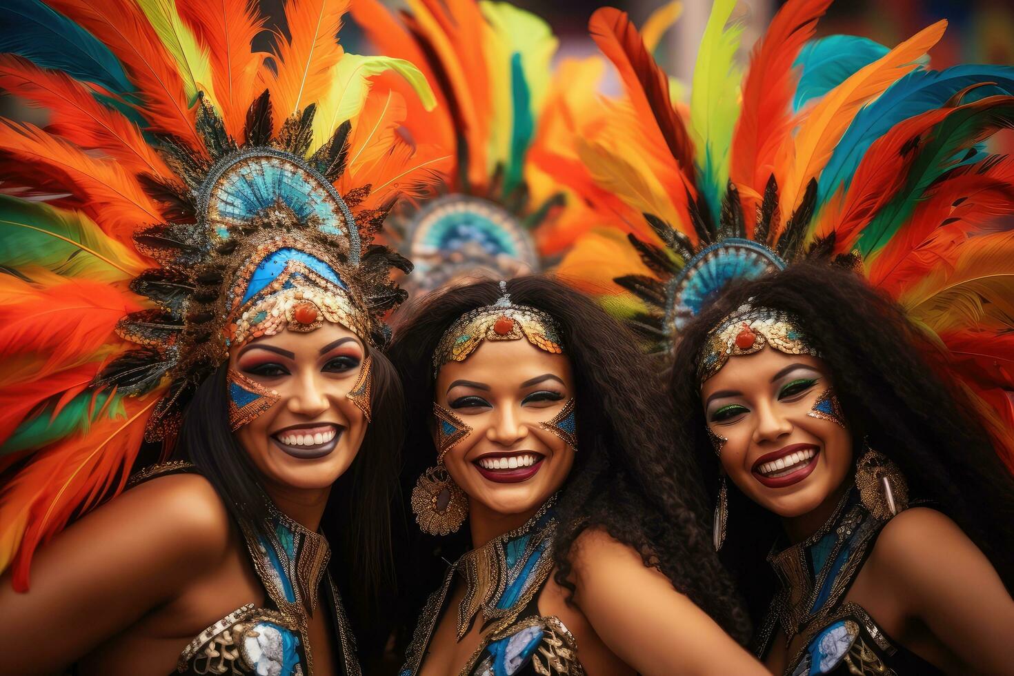 Three Woman in brazilian samba carnival costume with colorful feathers plumage ,Brazilian Carnival ,Generative AI photo