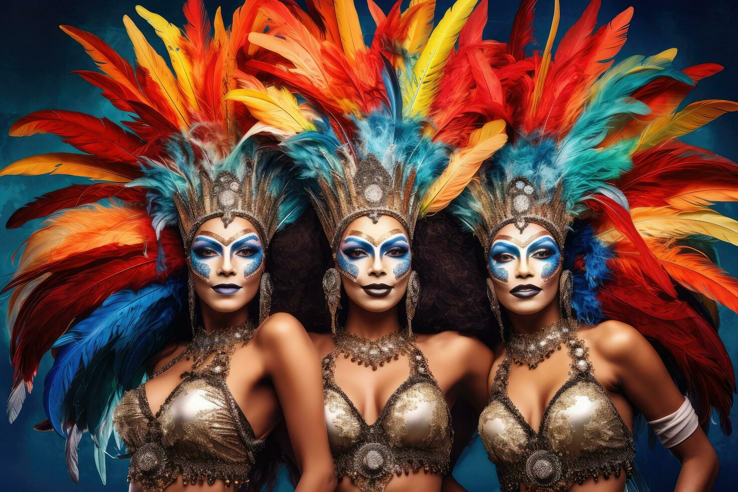 Three Woman in brazilian samba carnival costume with colorful feathers plumage ,Brazilian Carnival ,Generative AI photo