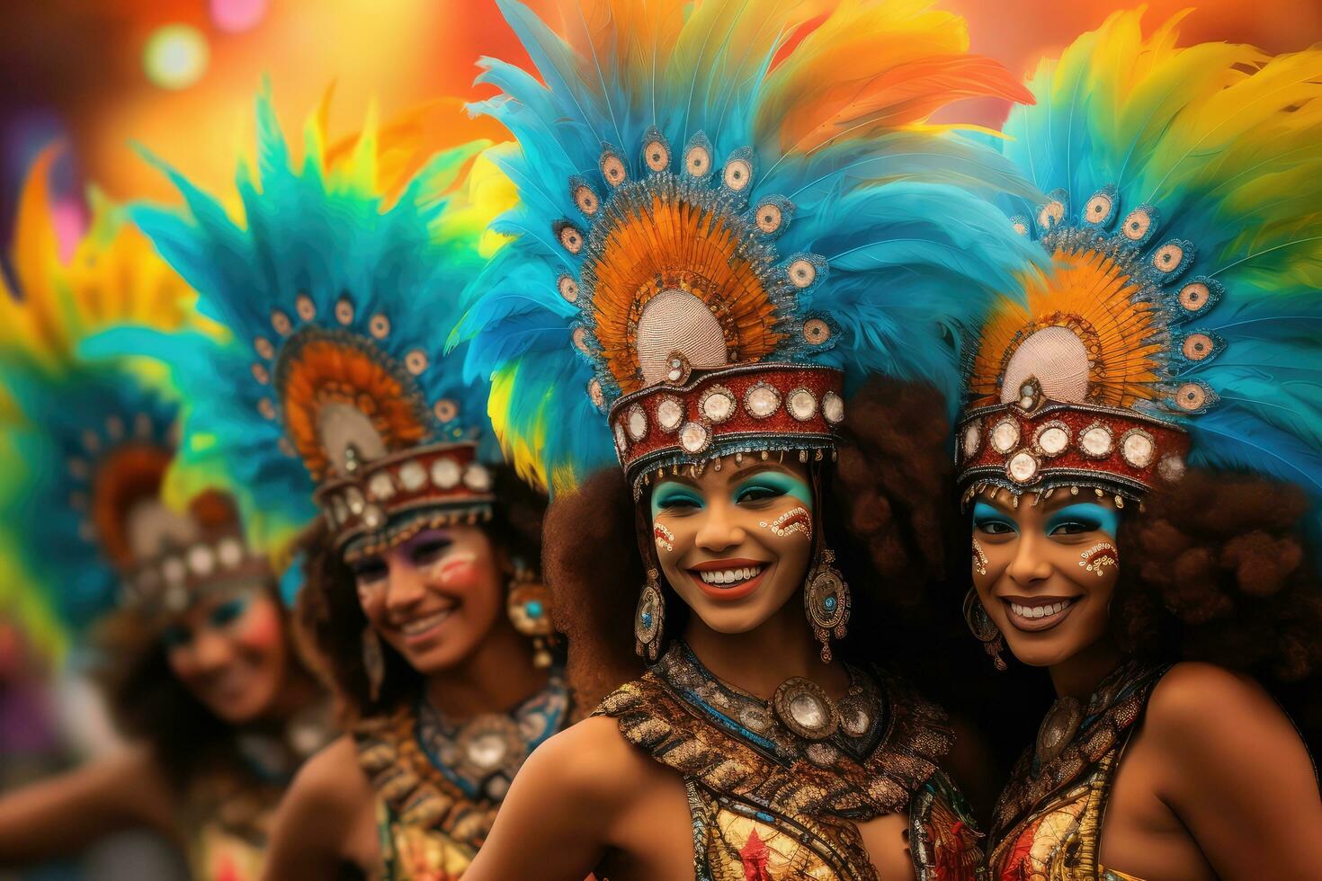 Premium Photo  Three woman in brazilian samba carnival costume with  colorful feathers plumage.