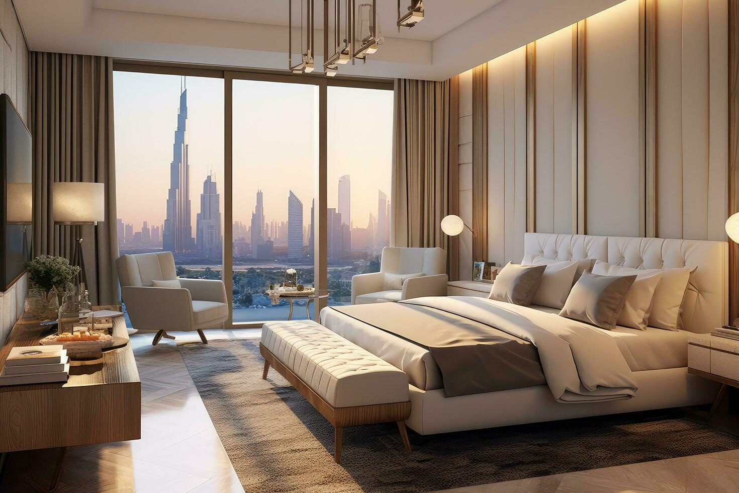 contemporáneo y opulento dormitorio ofertas puntos de vista de horizonte ,generativo ai foto