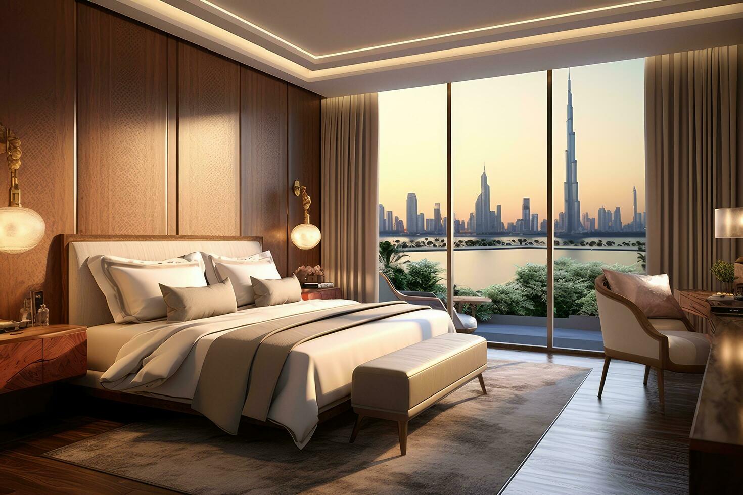 Contemporary and opulent bedroom offers views of skyline ,Generative AI photo