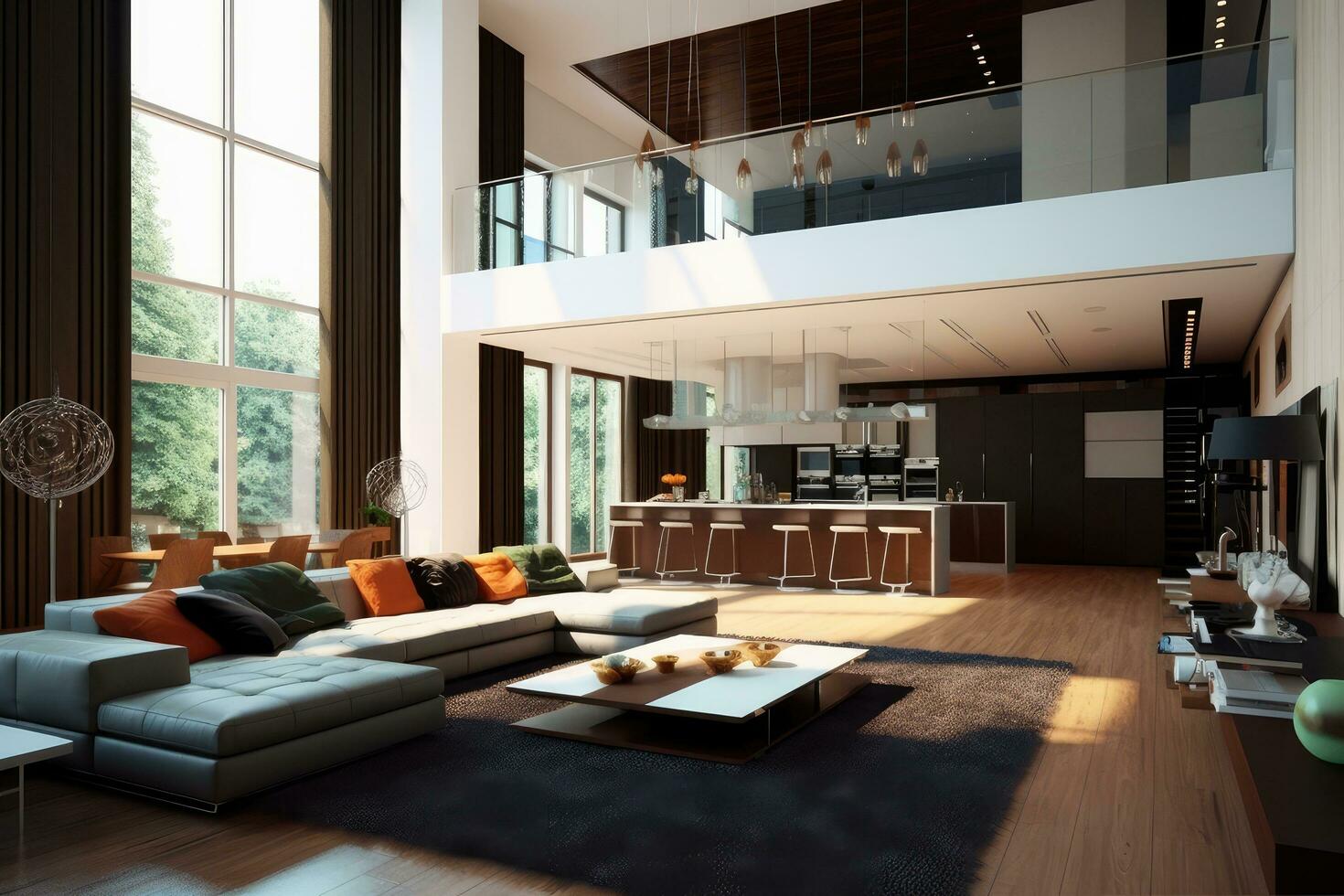 Modern living room and a integrated kitchen ,Generative AI. photo