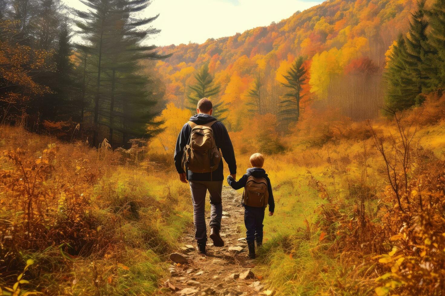 Dad and son hiking in the mountains it autumn,Generative AI photo