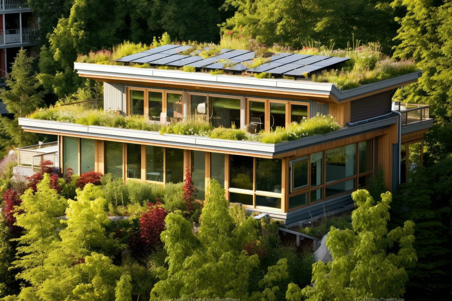 Modern green roof adorned with vibrant plants, complemented, green alternative energy concept,Generative AI. photo