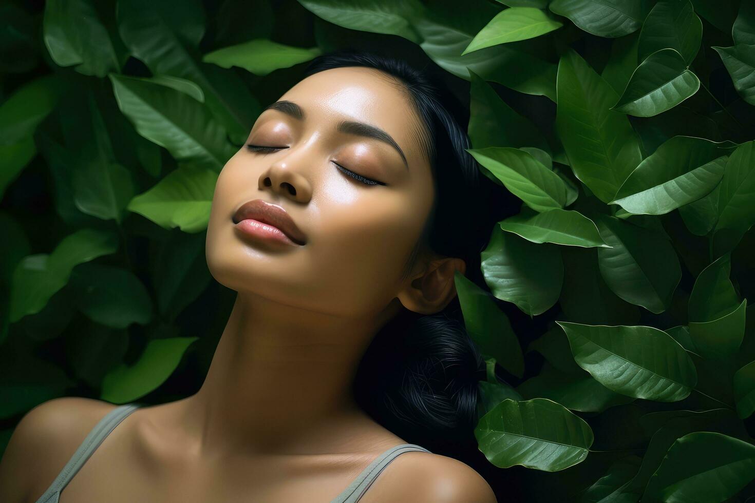 Close up face woman with eyes closed on background of green leaves wall., Relaxed and confident, Generative AI. photo
