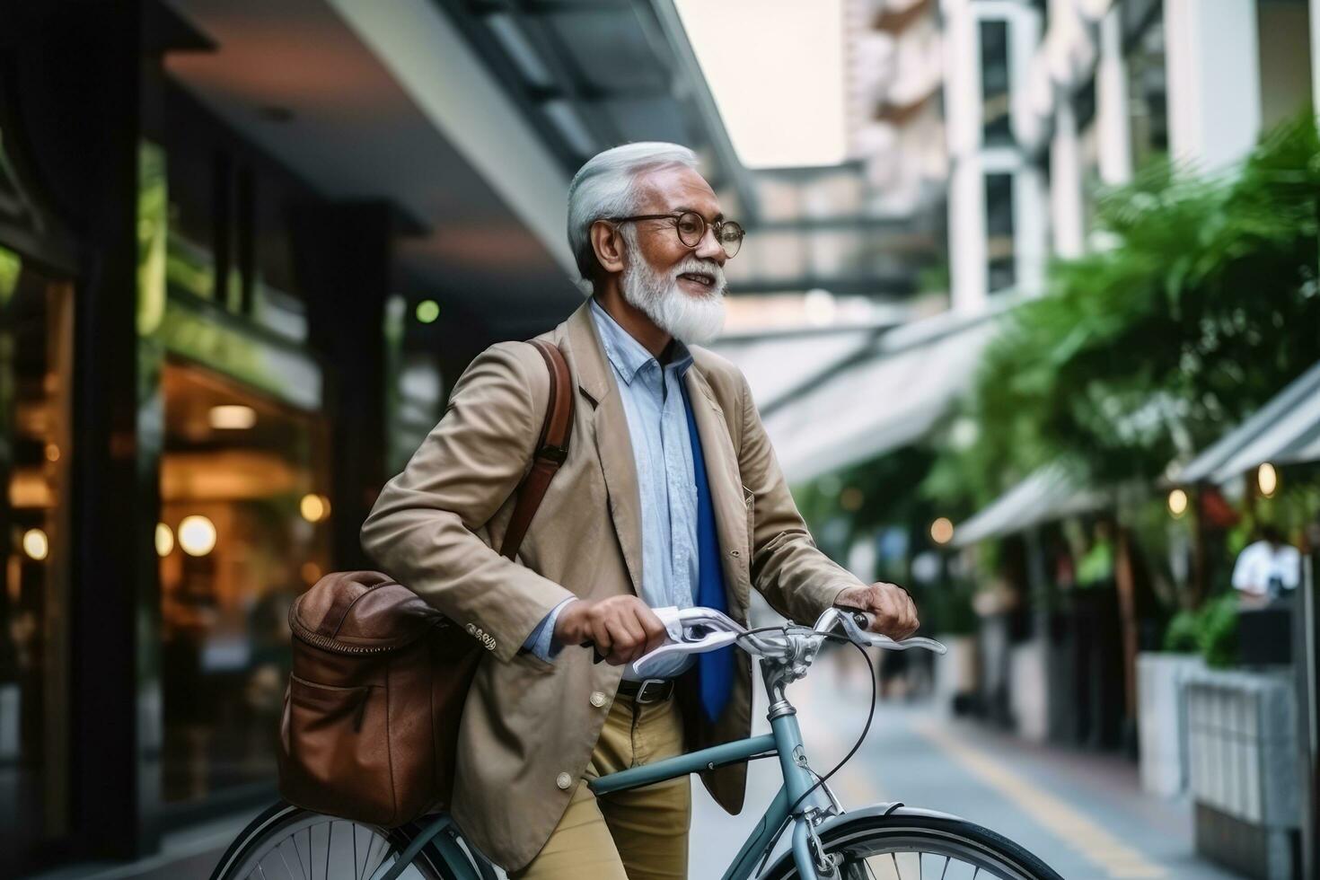 Senior man go to work at office take bicycle on street around building on a city street ,Generative AI. photo