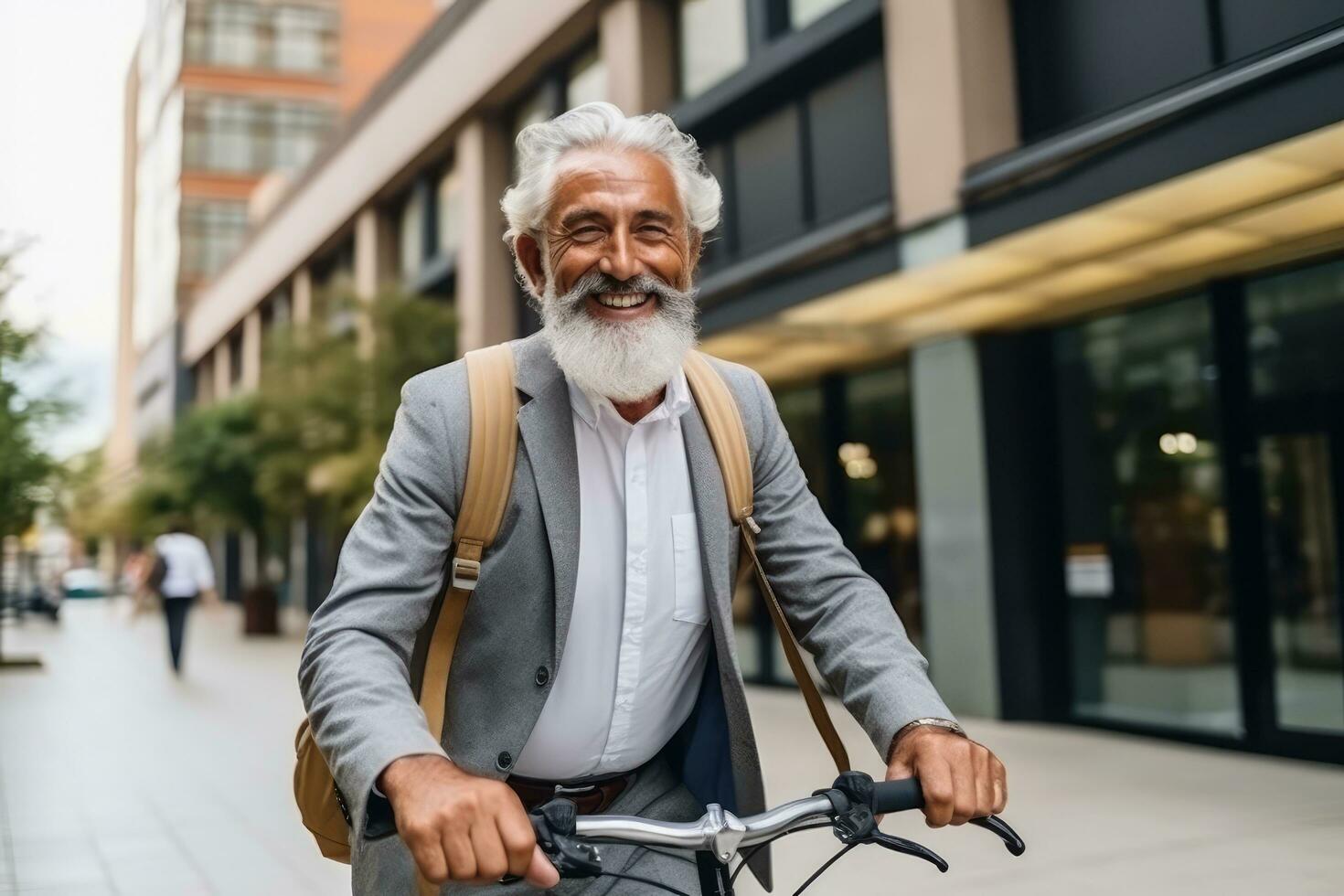 Senior man go to work at office take bicycle on street around building on a city street ,Generative AI. photo