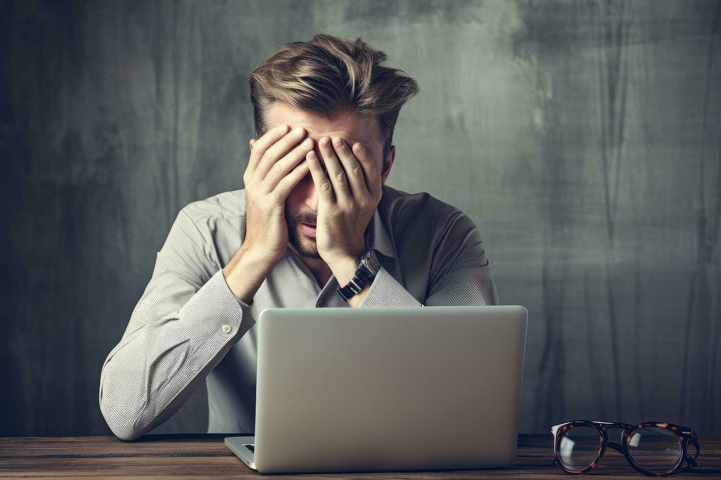 A business man stressed , unhappy sad , copy space ,Generative AI. photo