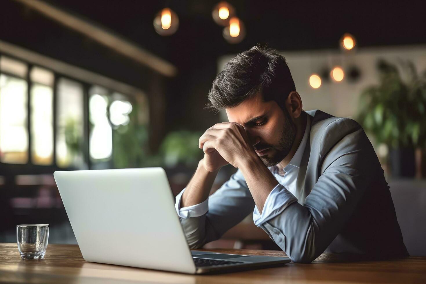 A business man stressed , unhappy sad , copy space ,Generative AI. photo