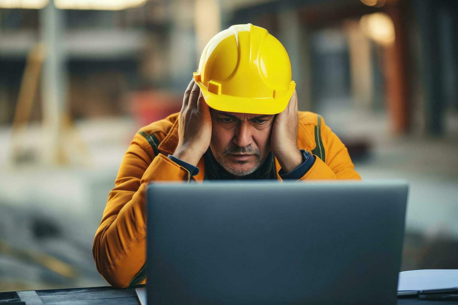 A engineer man stressed , unhappy sad , Background at working site , Generative AI. photo