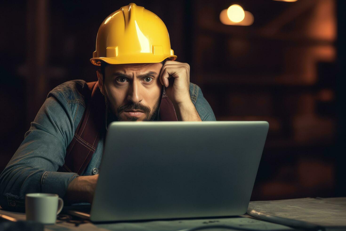 A engineer man stressed , unhappy sad , Background at working site , Generative AI. photo