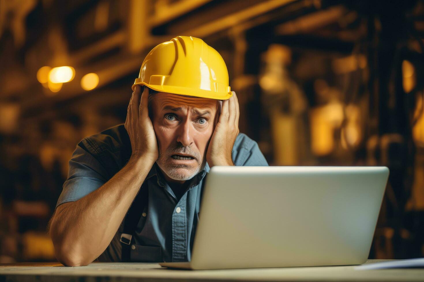 A engineer man stressed , unhappy sad , Background at working site , Generative AI. photo