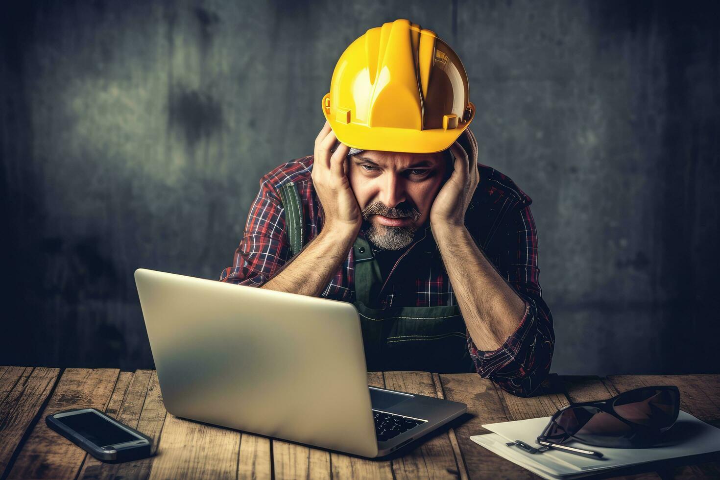 A engineer man stressed , unhappy sad , Background at working site , Generative AI. photo