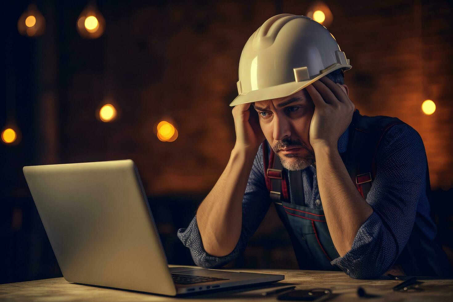A engineer man stressed , unhappy sad , Background at working site , Generative AI. photo
