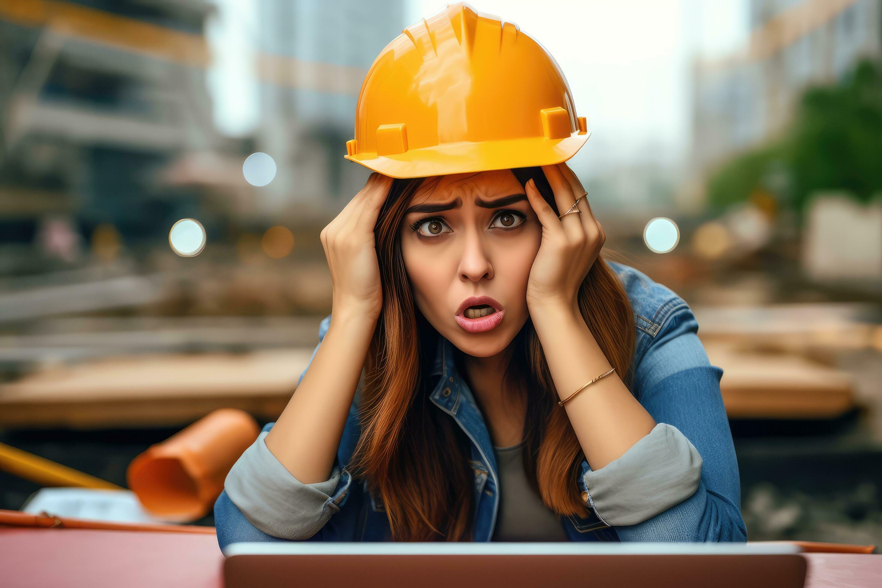 A engineer woman stressed , unhappy sad , Background at working site