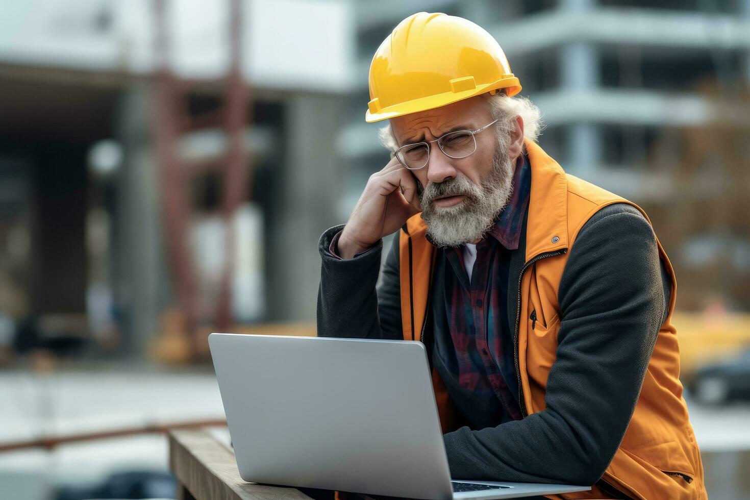 A engineer man stressed , unhappy sad , Background at working site , Generative AI. photo