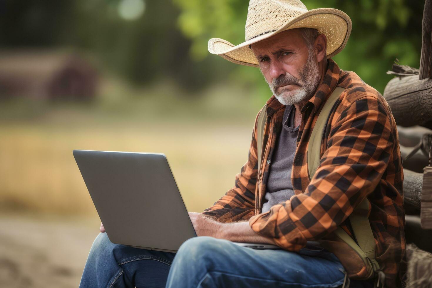 A farmer man stressed , unhappy sad ,Generative AI. photo